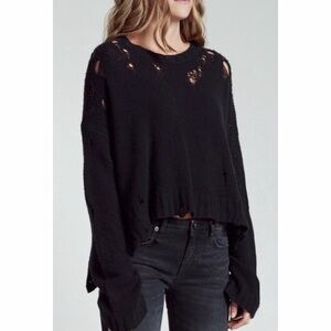 R13 • Black Shredded 100% Cashmere Side Slit Crewneck Knit Sweater, S